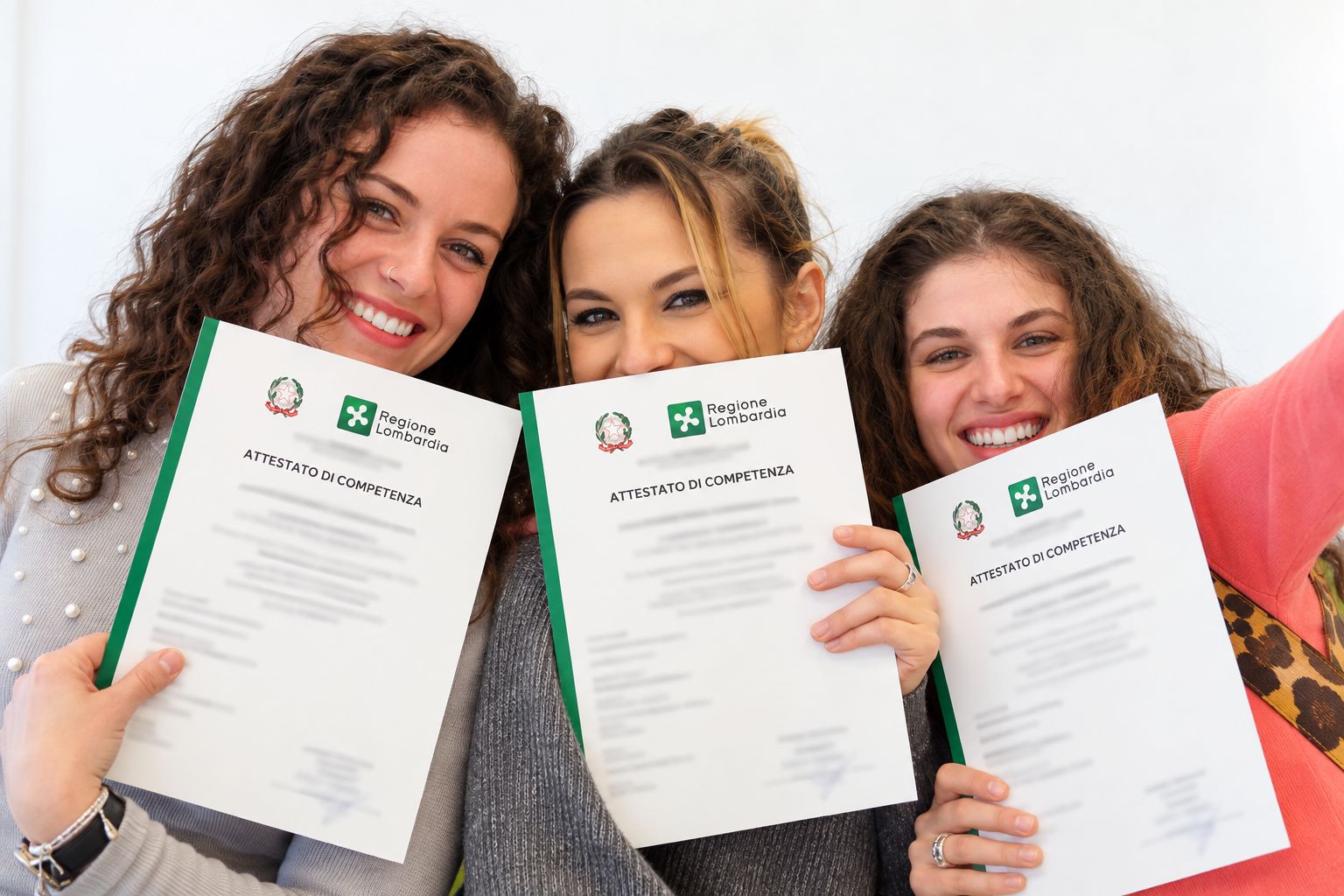 Tre partecipanti con i loro attestati di competenza di Regione Lombardia