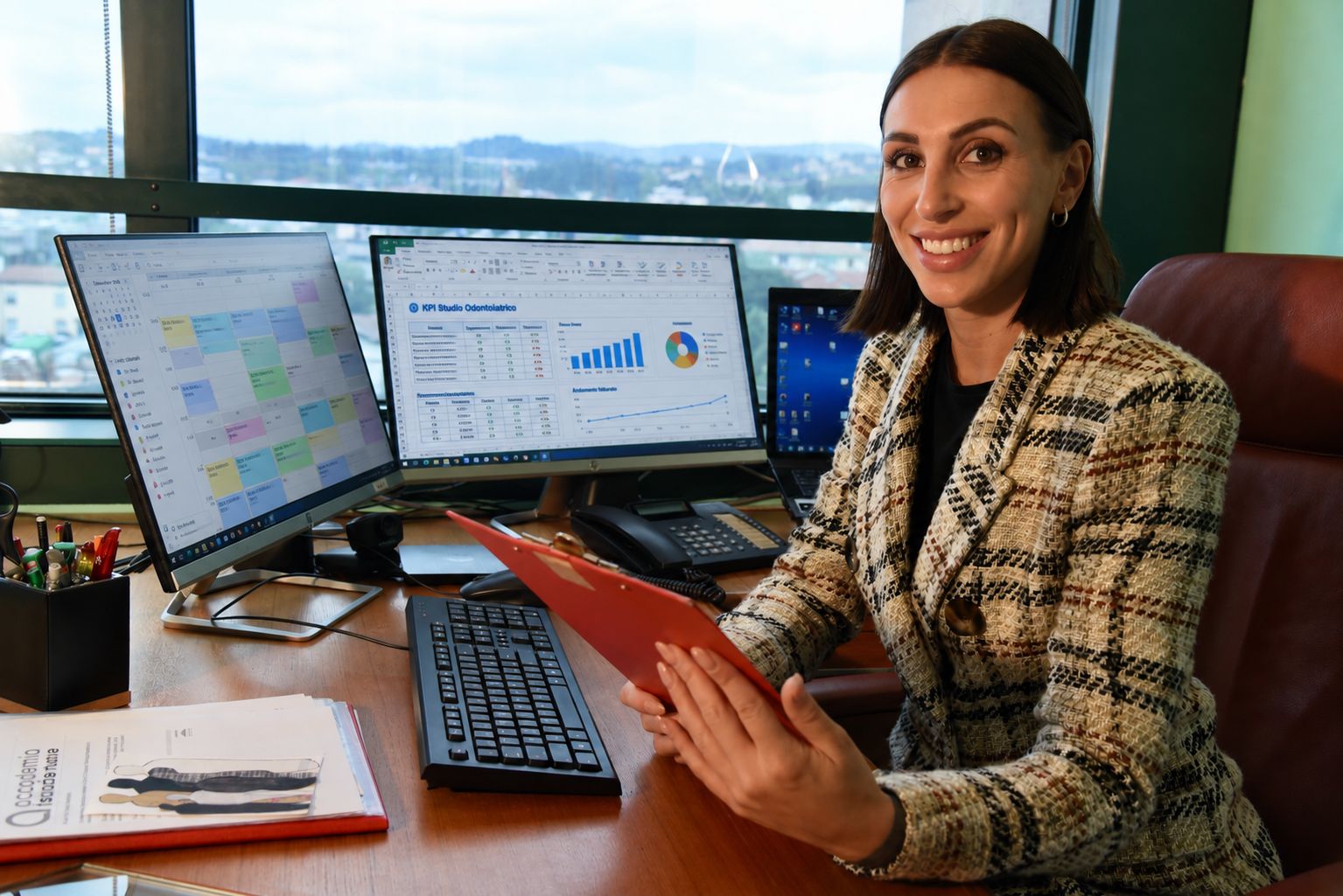 Una Clinic Manager alla scrivania, con l’agenda dello studio e i KPI sullo schermo